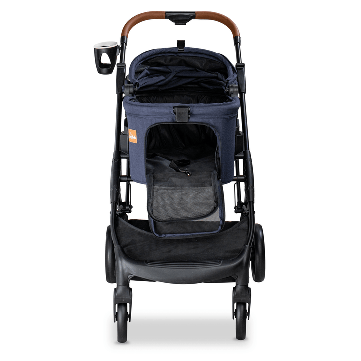 Front view of the navy Pawbella pet stroller with an open entry, revealing the spacious interior and secure pet harness attachment.