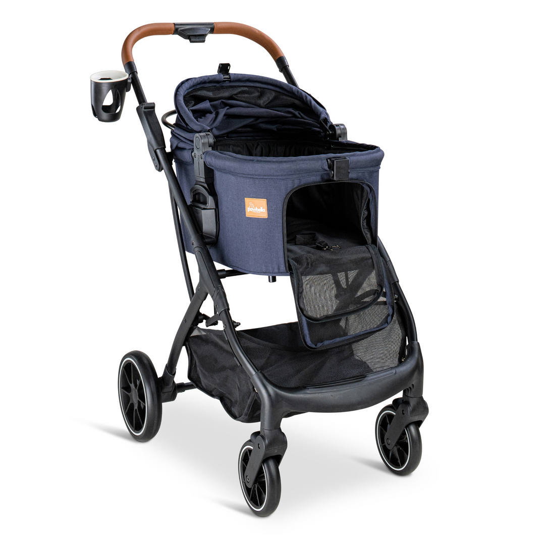 Navy Pawbella pet stroller with a front entry opening, partially open top, cup holder, and spacious storage area for easy pet access and comfort