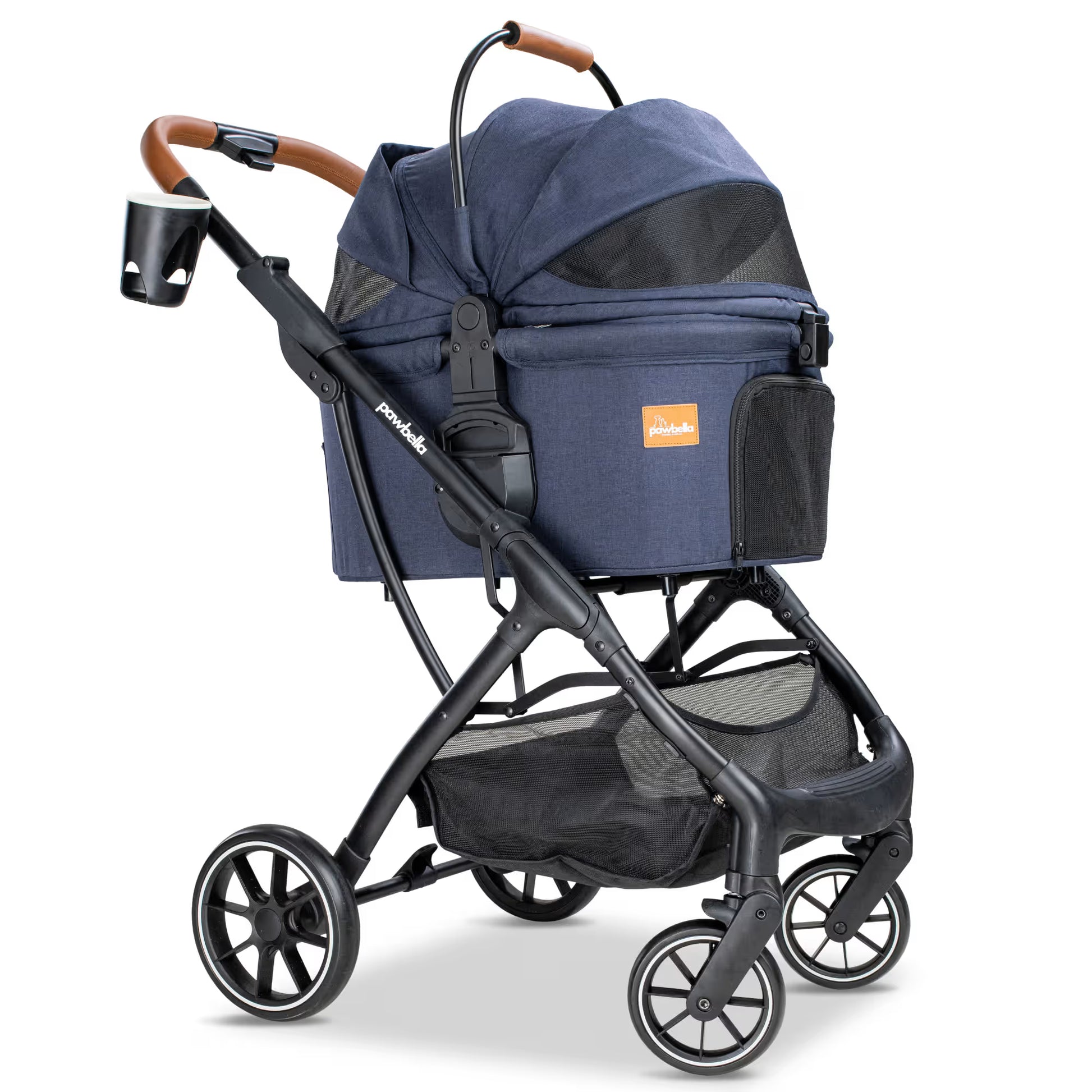 Side view of the Pawbella Ultimate Pet Stroller in Navy showing the sturdy frame, leather handle, and detachable carrier.