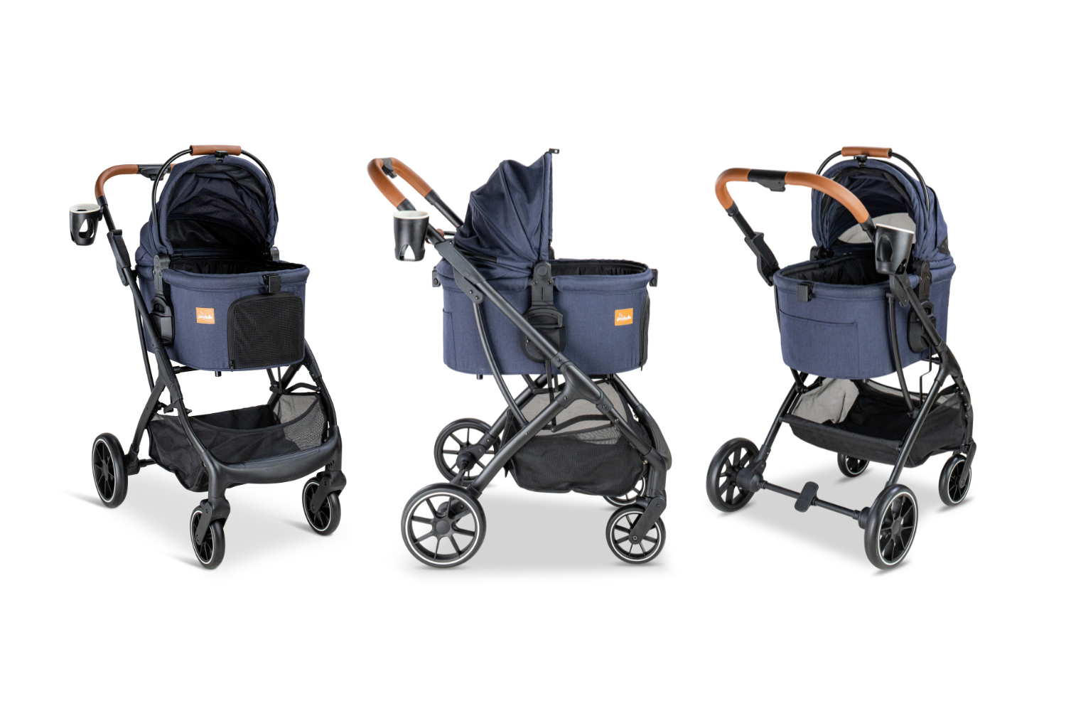 Multiple views of the navy Pawbella pet stroller, showcasing the front, side, and rear angles, highlighting its design, canopy, and storage features.