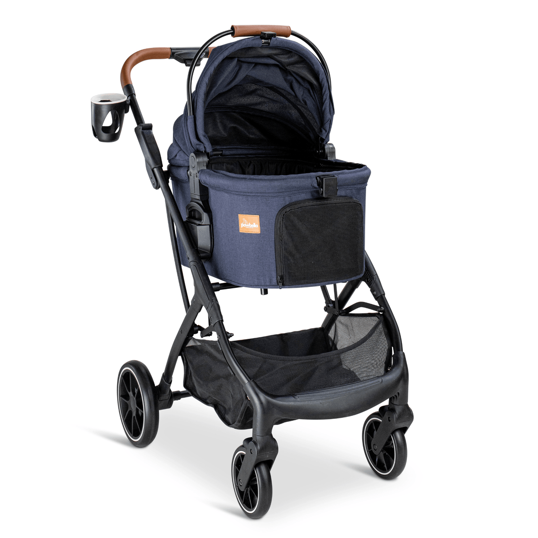 Navy Pawbella pet stroller with an open-top carrier, cup holder, and spacious storage compartment for convenient pet outings.