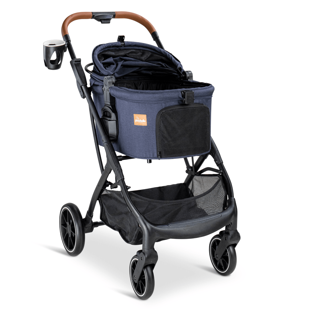 Navy Pawbella pet stroller with a partially open carrier, sturdy frame, and cup holder, designed for easy pet travel and comfort.