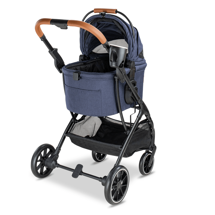 Rear view of the navy Pawbella pet stroller with an open canopy, ergonomic handle, and large storage basket for convenient pet outings