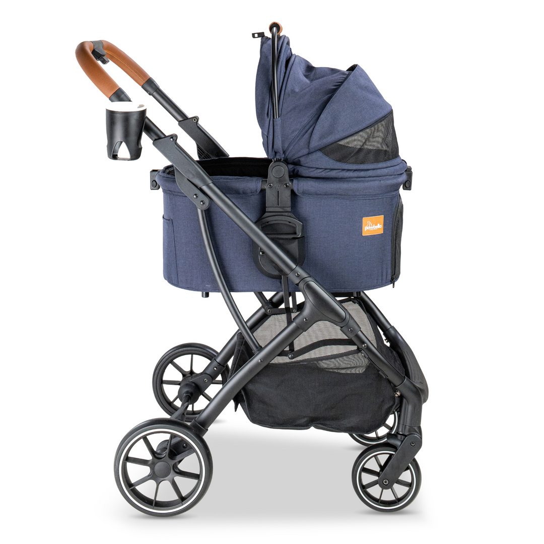 Side view of the navy Pawbella pet stroller with a partially open mesh canopy, cup holder, and sturdy frame, offering ventilation and comfort for pets.