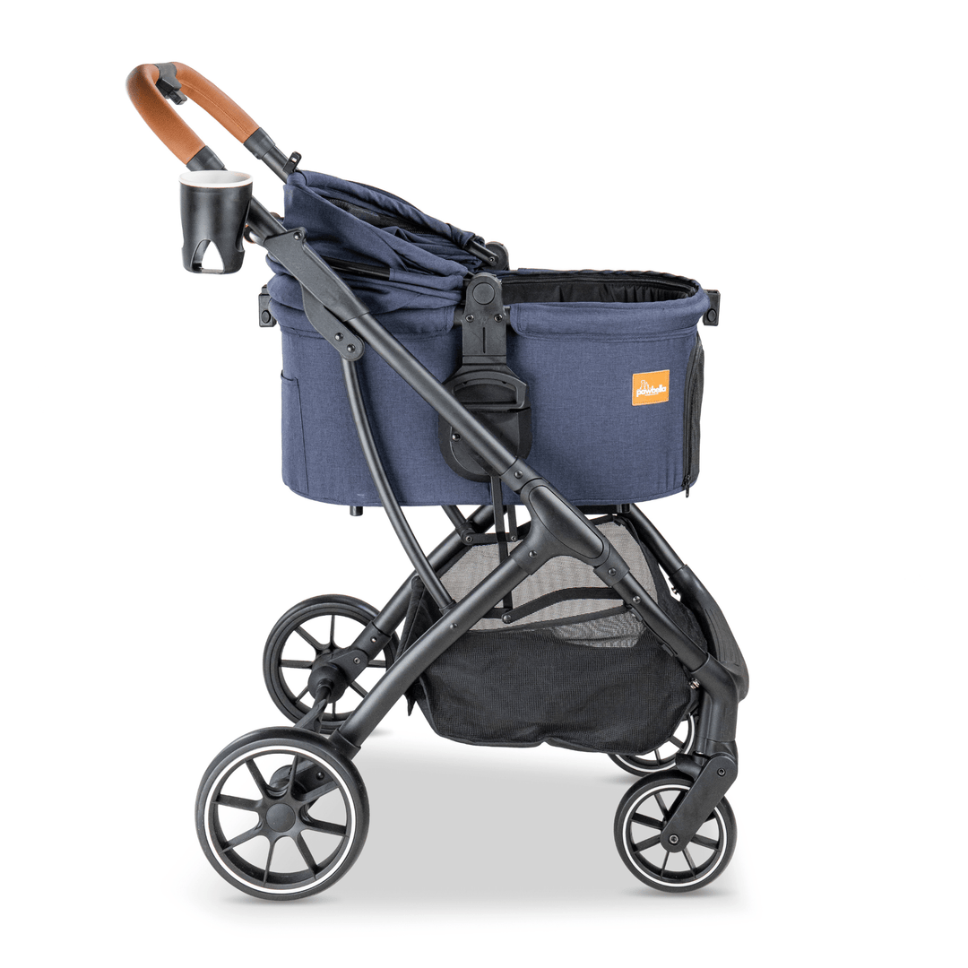 Side view of the navy Pawbella pet stroller with an open canopy, cup holder, and strong frame, providing easy access and ventilation for pets.