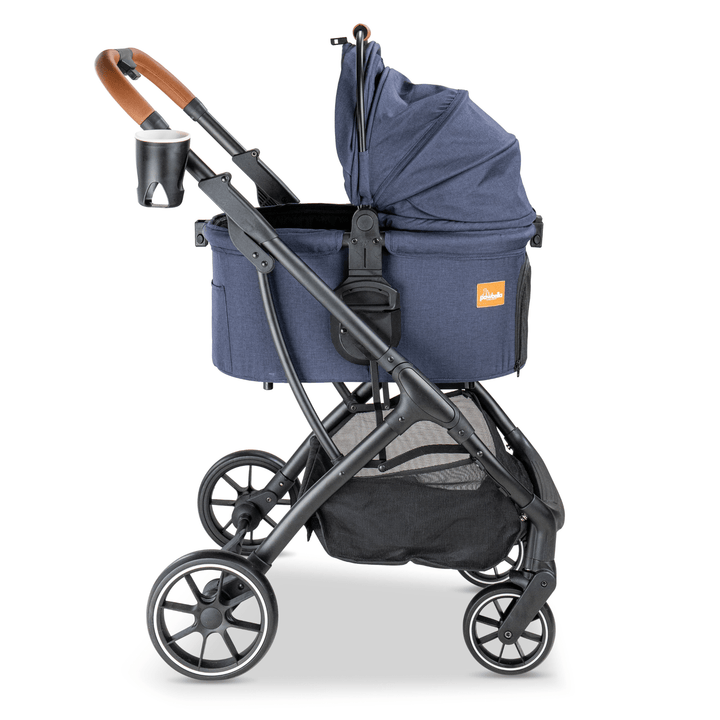 Side view of the navy Pawbella pet stroller with an open canopy, cup holder, and strong frame, providing easy access and ventilation for pets.