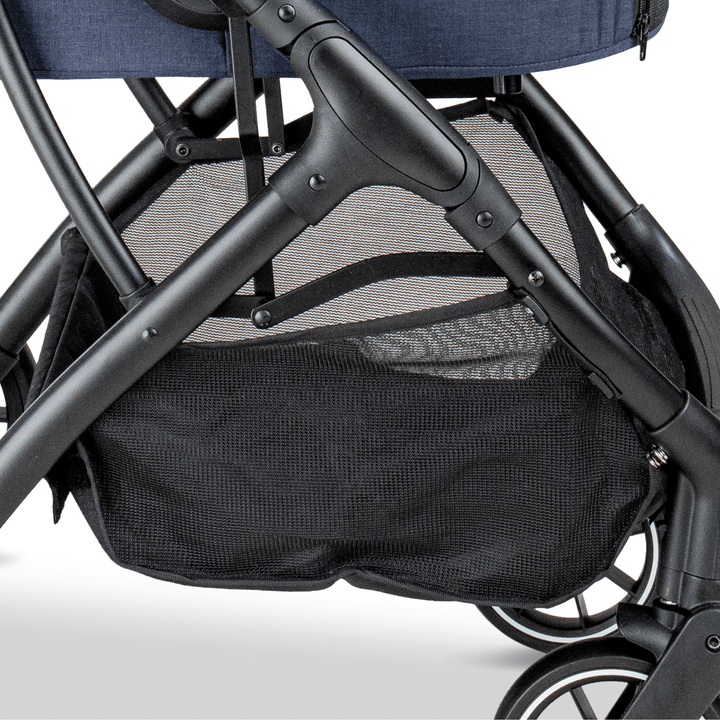 Close-up of the spacious mesh storage basket on the navy Pawbella pet stroller, showcasing its durable frame and ample carrying capacity.