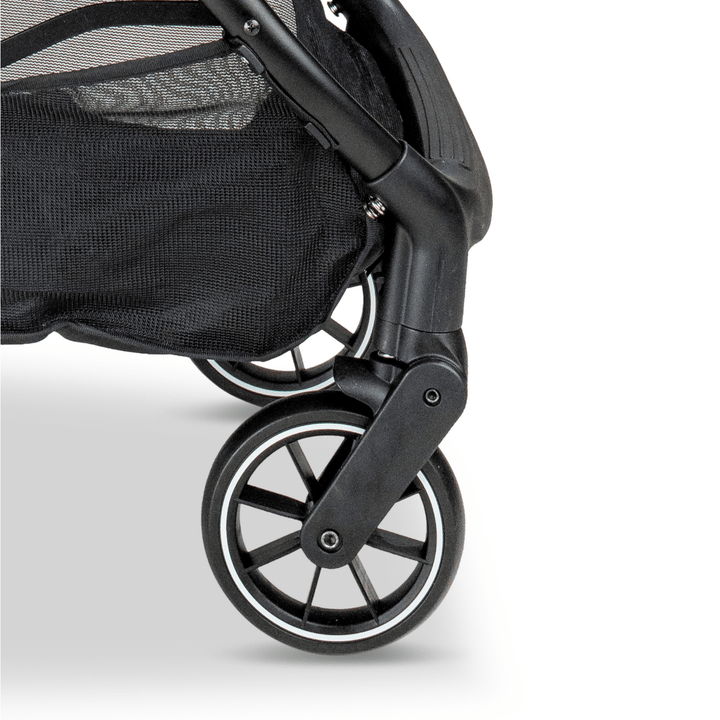 Close-up view of the sturdy rear wheel of the navy Pawbella pet stroller, featuring a durable frame and mesh storage basket.