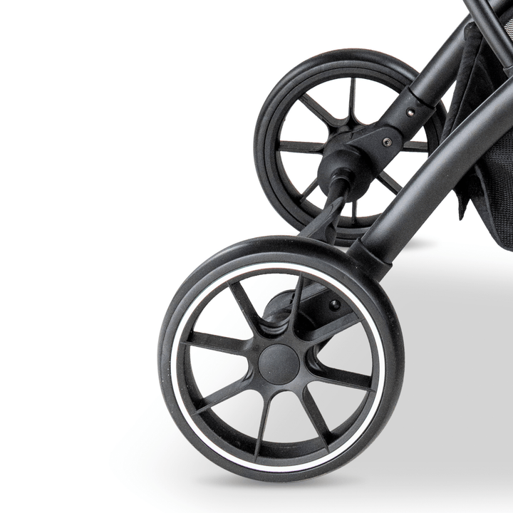 Close-up of the sleek wheel design on the navy Pawbella pet stroller, highlighting its smooth-rolling functionality and sturdy construction.