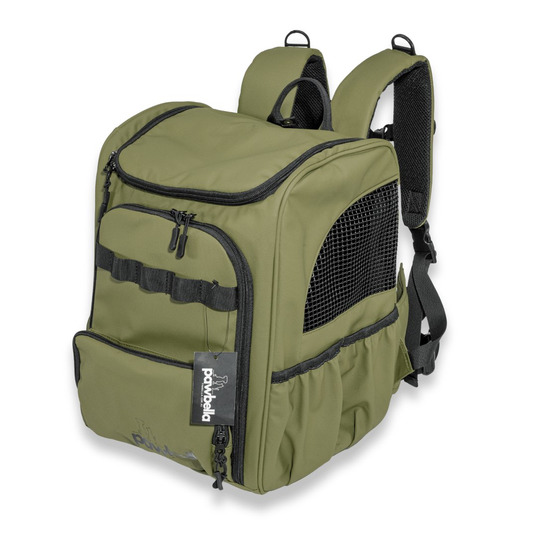 Olive green Pawbella pet backpack with adjustable shoulder straps, multiple storage compartments, and breathable side mesh, ideal for secure and comfortable pet outings.