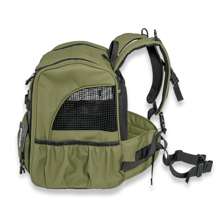 Back view of an olive green Pawbella pet backpack with adjustable straps and a side mesh panel for enhanced breathability, designed for secure and comfortable pet outings.