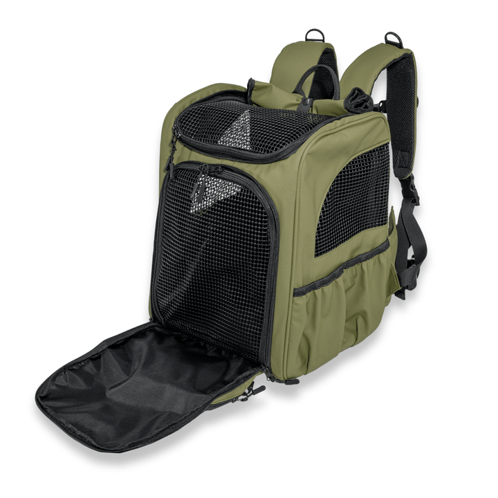 Olive green Pawbella pet backpack shown with the front compartment open, revealing a spacious interior and mesh window for maximum ventilation and visibility, suitable for comfortable pet transport.