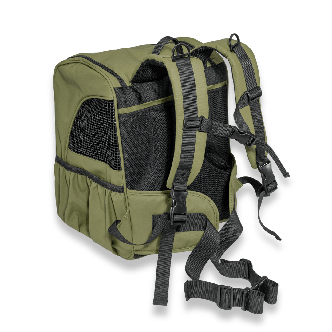 Detailed view of an olive green Pawbella pet backpack showcasing its robust harness and side mesh ventilation, ensuring secure and breathable comfort for pets on the go