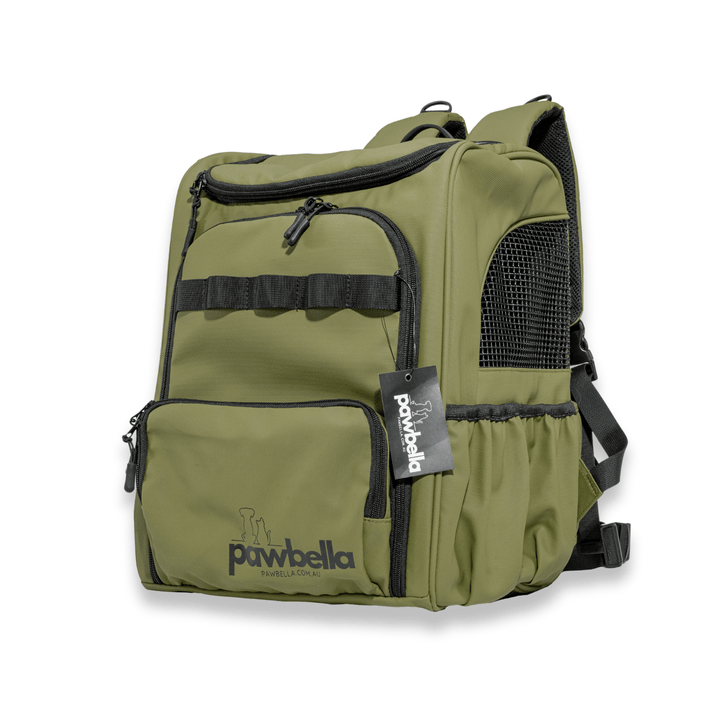 Olive green Pawbella pet backpack featuring adjustable straps, multiple compartments, and a side mesh panel for ventilation, perfect for outdoor adventures with pets.