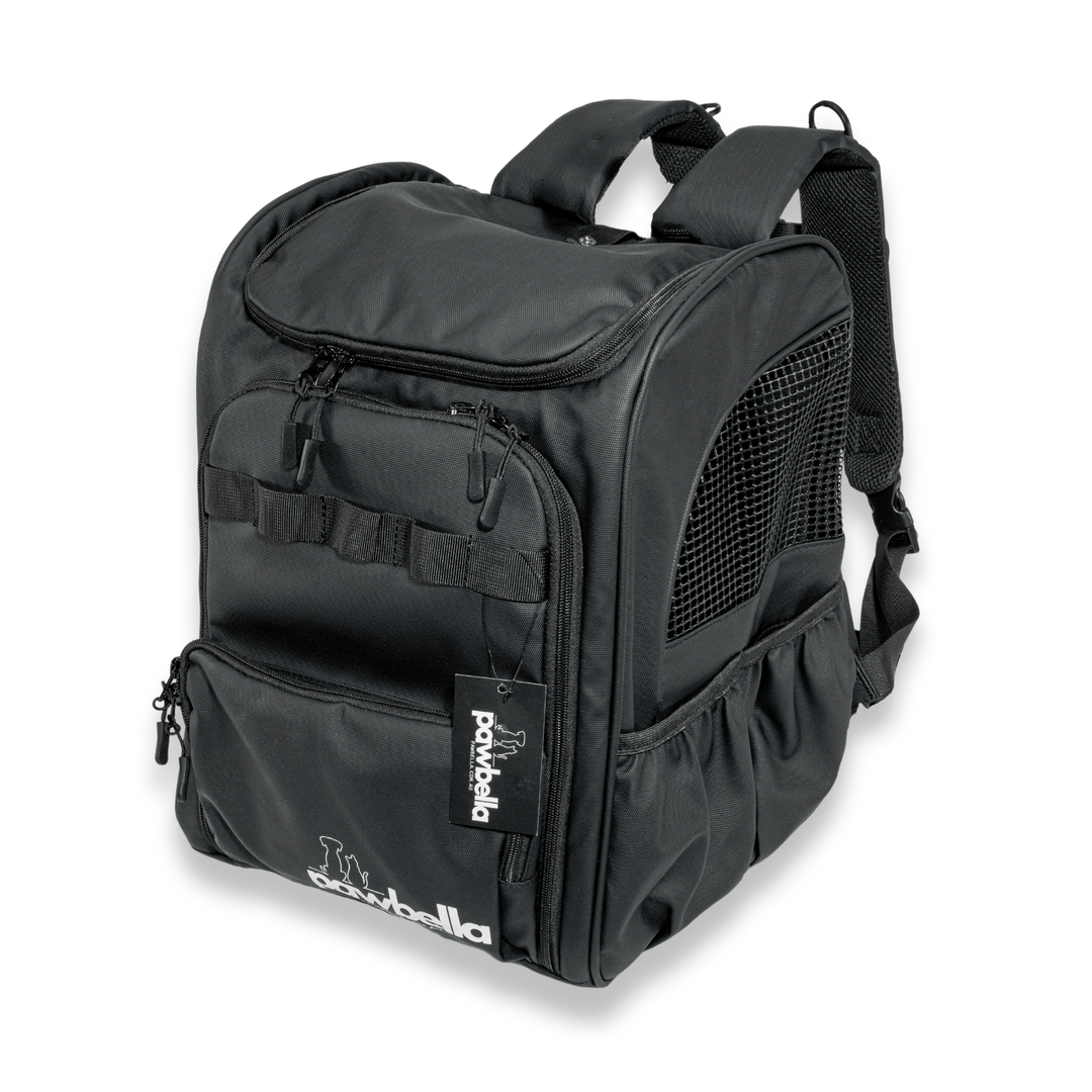 Durable black Pawbella pet backpack featuring adjustable straps, side mesh for ventilation, and multiple compartments for convenient pet travel.