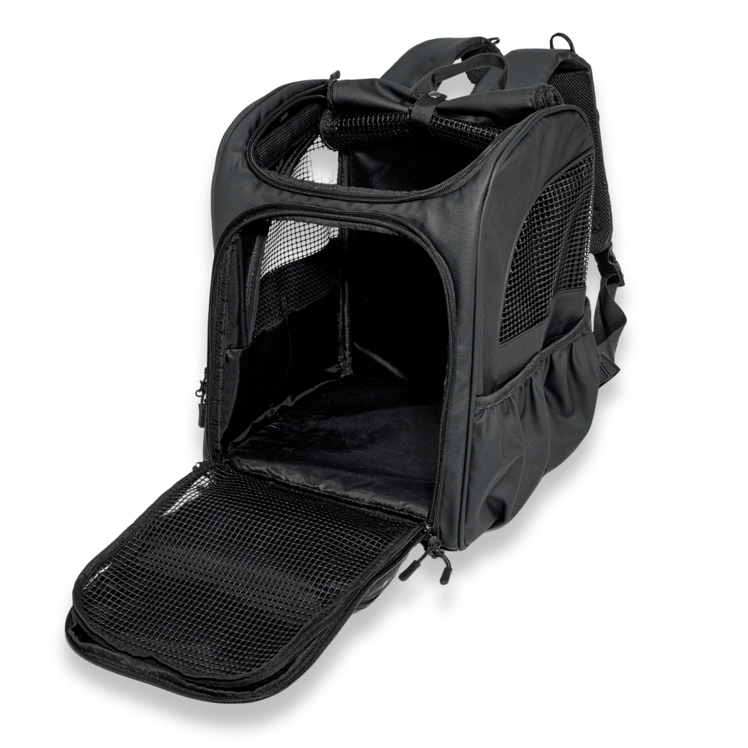 Fully opened black Pawbella pet backpack displaying the spacious interior and mesh window, ideal for comfortable and secure pet travel.