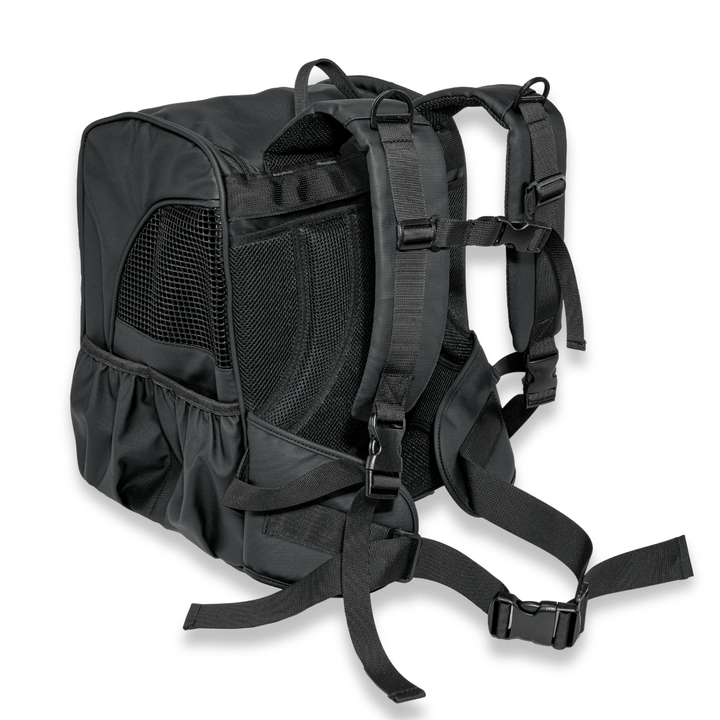 Rear view of a black Pawbella pet backpack showcasing its robust harness system and side mesh for optimal ventilation, designed for secure and comfortable pet carrying.