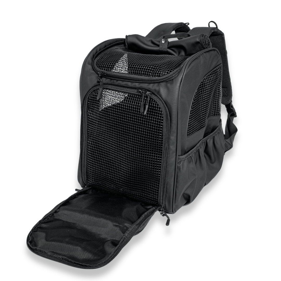 Black Pawbella pet backpack with an open mesh window, showcasing its spacious interior and breathable design, ideal for pet travel and comfort.