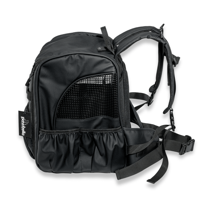 Black Pawbella pet backpack featuring adjustable straps and a side mesh window for ventilation, ensuring comfort and breathability for pets during travel.