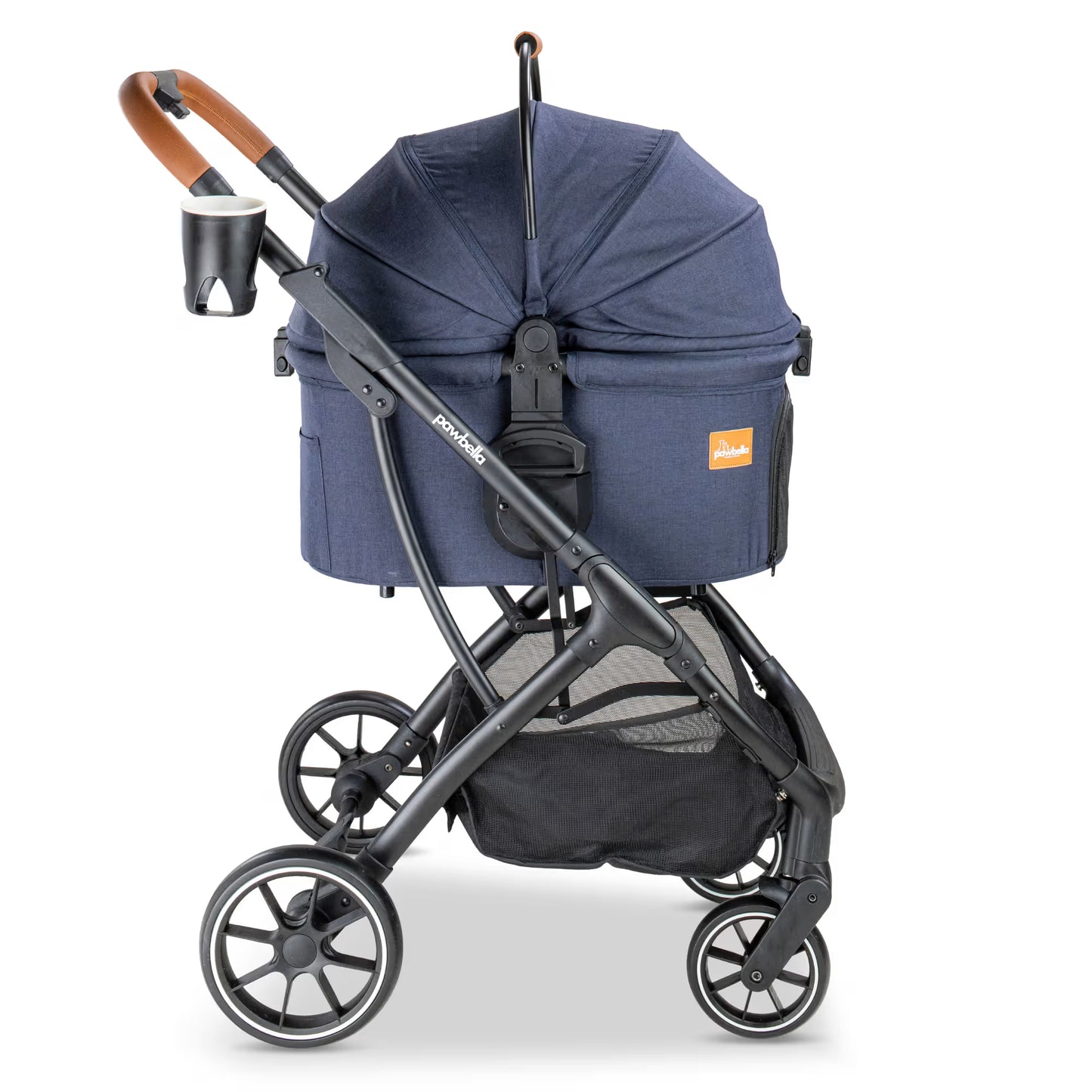 Angled view of the Pawbella navy pet stroller featuring a cup holder, ergonomic handle, and large wheels for smooth rides.