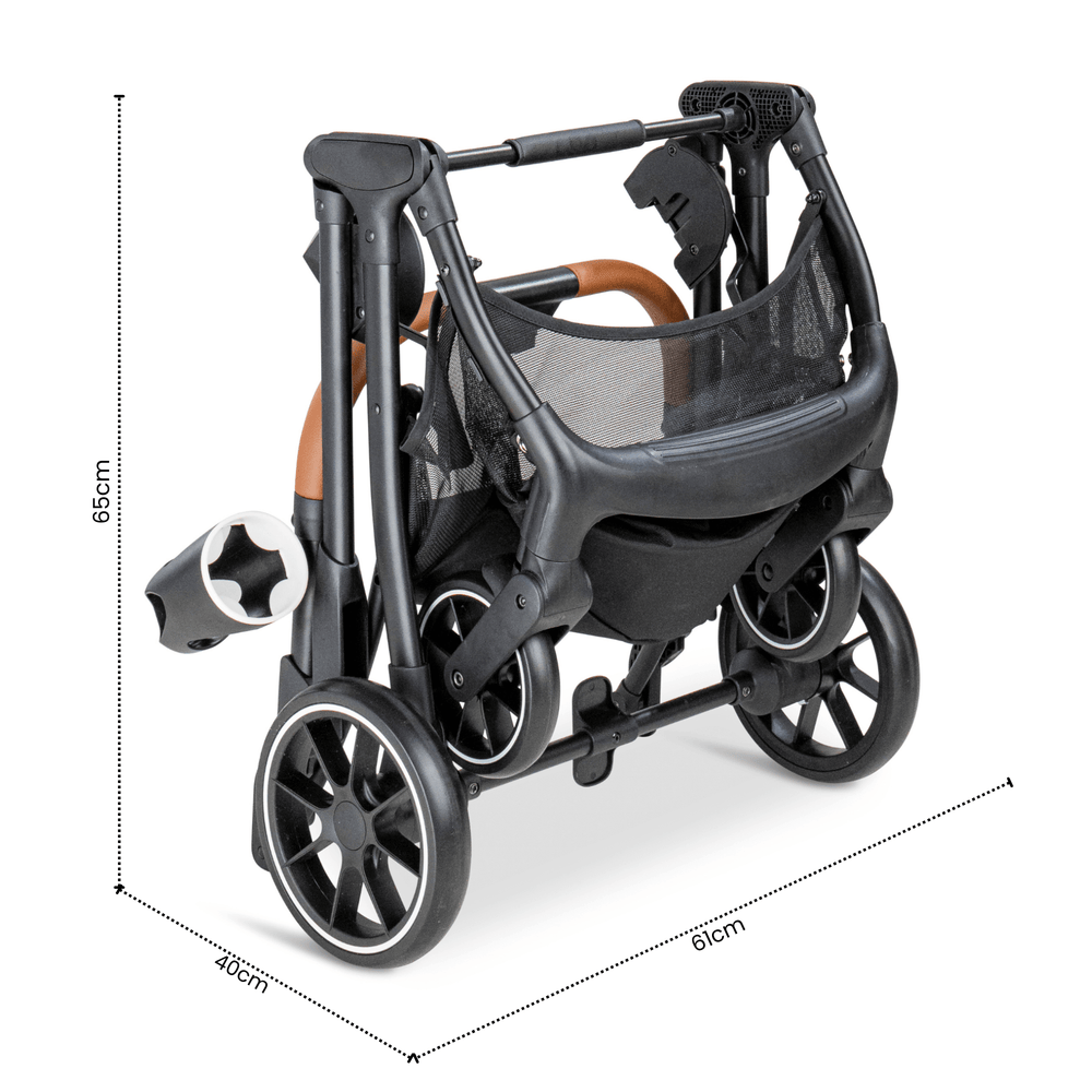 Pawbella ultimate pet stroller folded for storage, compact size 65cm height, 61cm width, and 40cm depth – space-saving dog and cat pram in Australia.