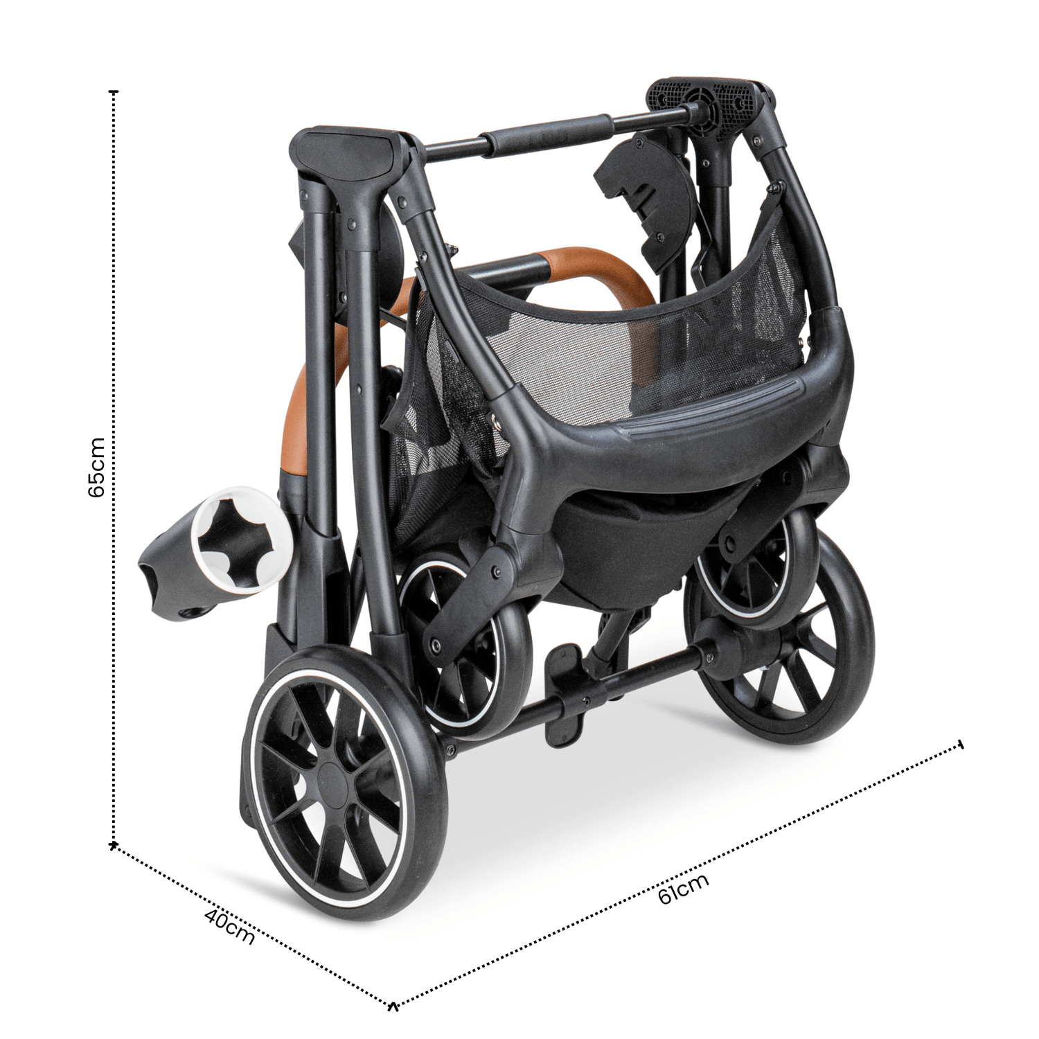 Pawbella ultimate pet stroller folded for storage, compact size 65cm height, 61cm width, and 40cm depth – space-saving dog and cat pram in Australia.