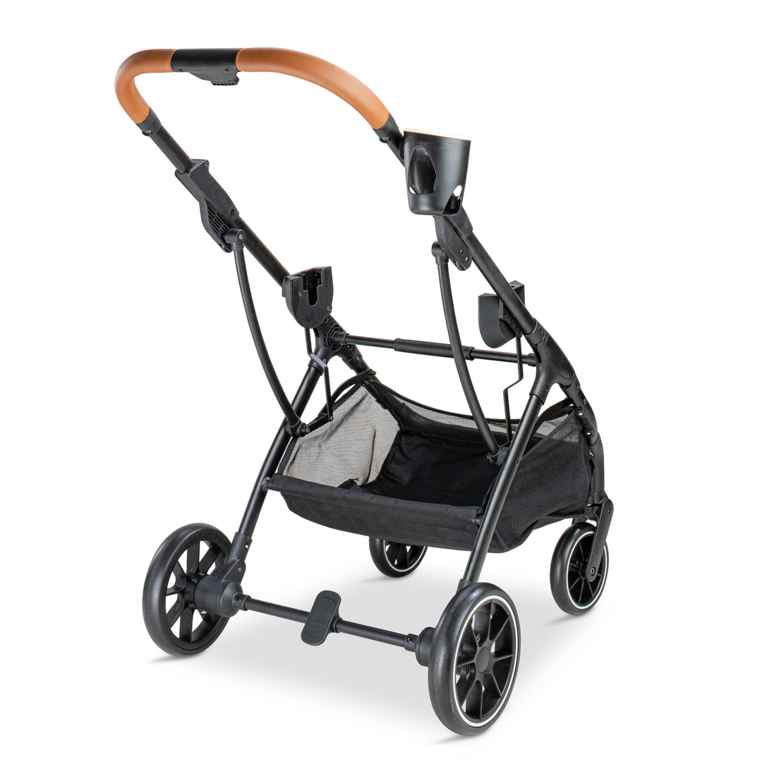 Sturdy black frame of the Pawbella pet stroller without the carrier attached, featuring a leather-wrapped handle and convenient cup holder, designed for stability and comfort