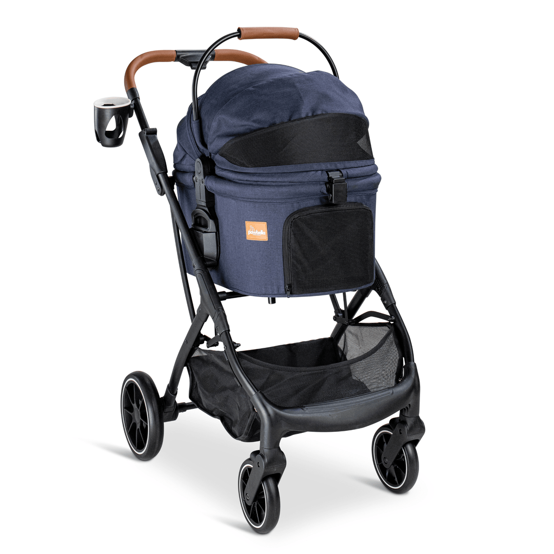 Navy blue Pawbella pet stroller featuring a compact design, cup holder, and secure pet carrier with ventilation