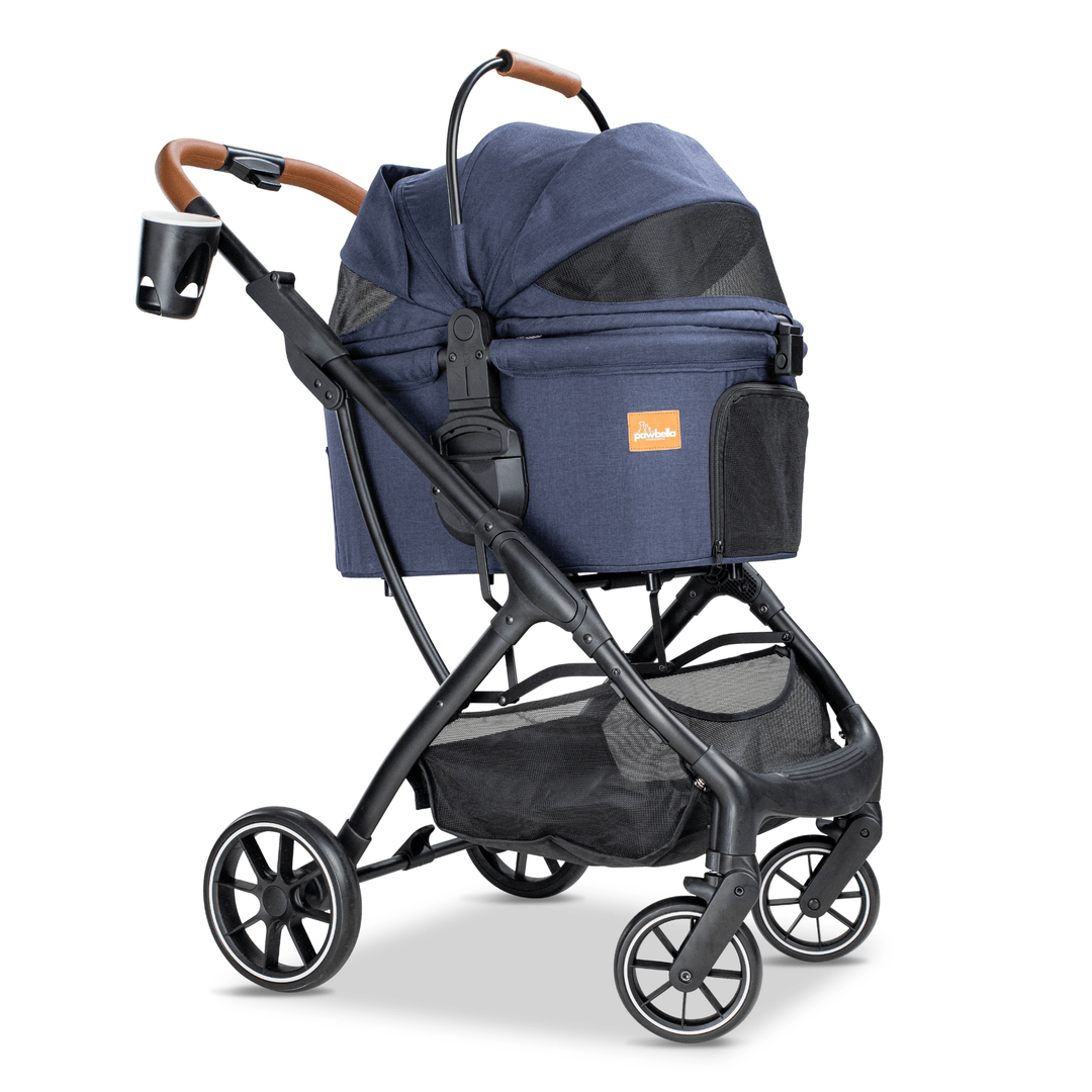 Navy blue Pawbella pet stroller with a sturdy frame, cup holder, and comfortable carrier compartment for pets.