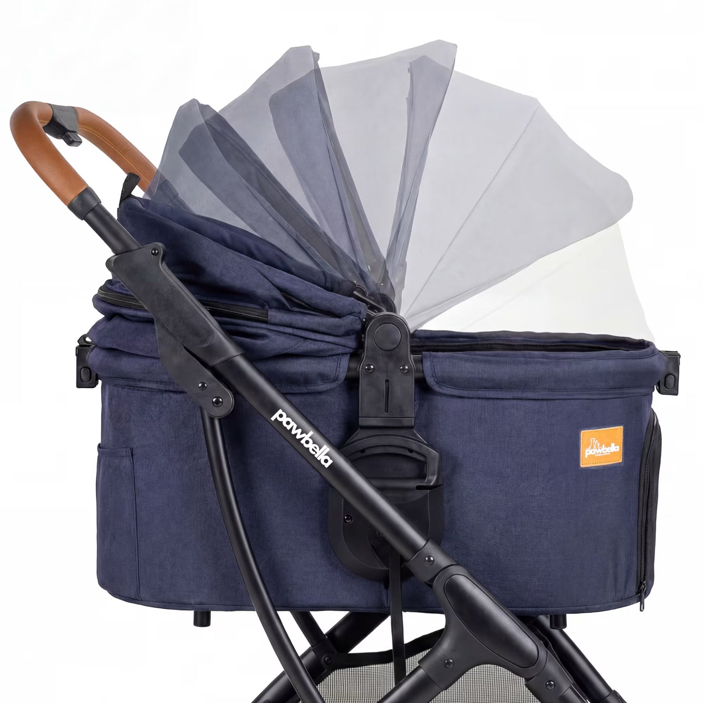 Graphic demonstrating the multi-position adjustable canopy on the Pawbella Ultimate Pet Stroller, showing 180-degree range.