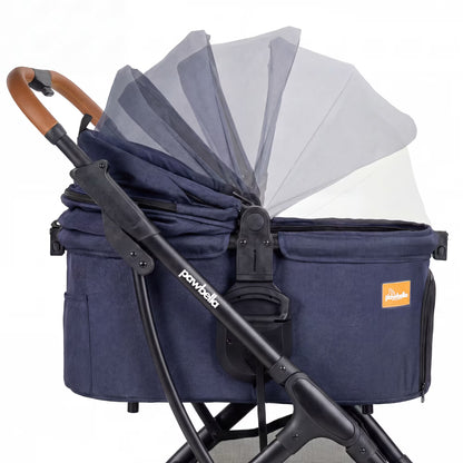 Graphic demonstrating the multi-position adjustable canopy on the Pawbella Ultimate Pet Stroller, showing 180-degree range.