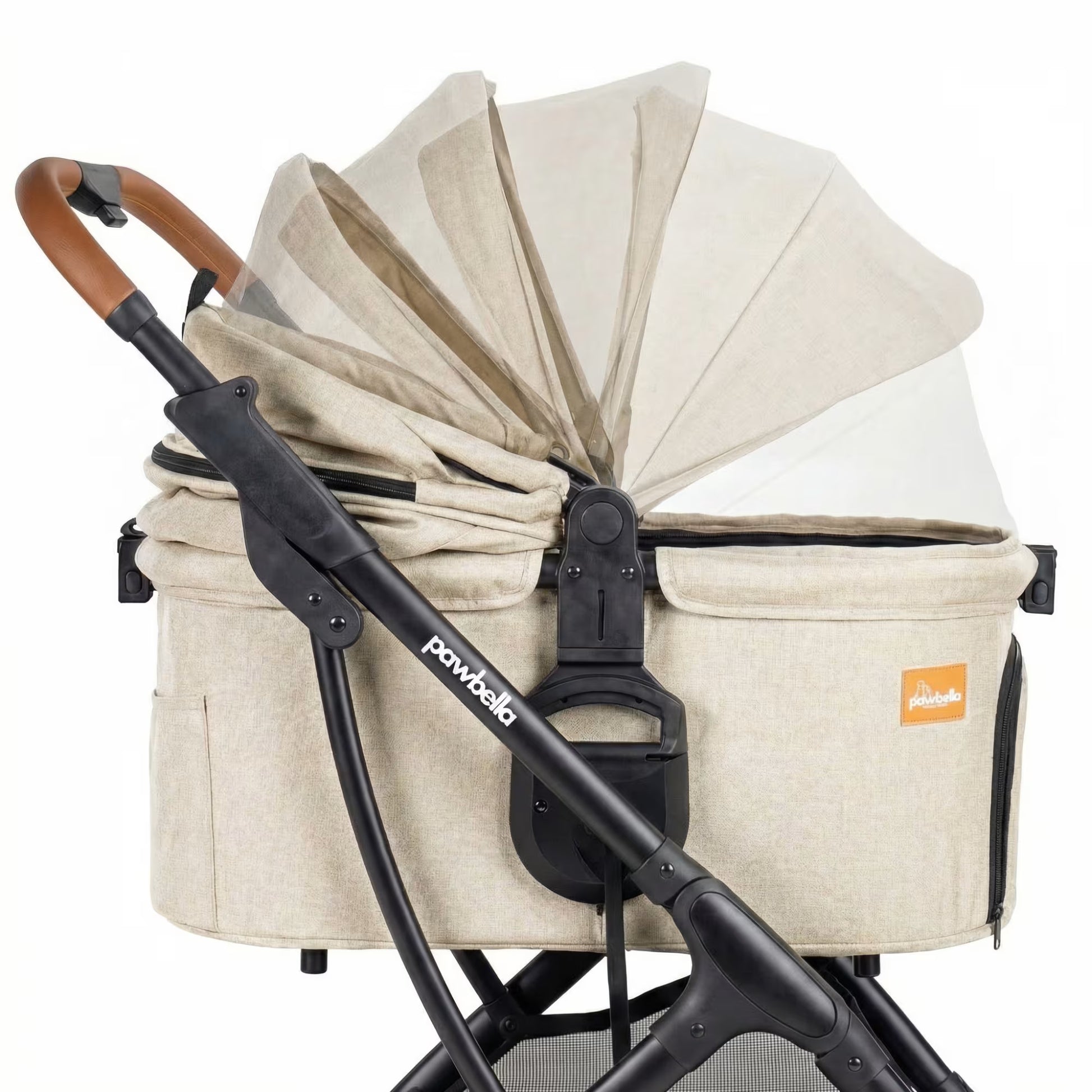 Graphic demonstrating the multi-position 180-degree adjustable canopy on the beige Pawbella Ultimate Pet Stroller.