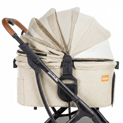 Graphic demonstrating the multi-position 180-degree adjustable canopy on the beige Pawbella Ultimate Pet Stroller.
