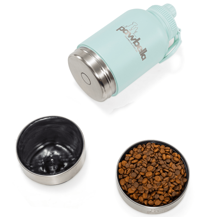 Aqua-colored Pawbella travel pet water bottle with detachable stainless steel food and water bowls, shown with pet kibble and water for easy travel feeding