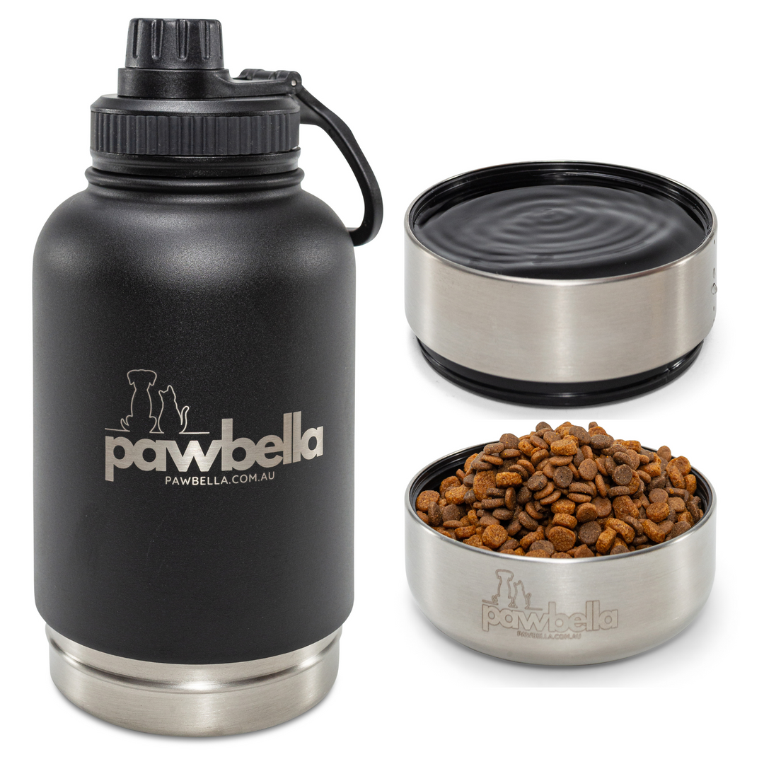 Black Pawbella travel pet water bottle with detachable stainless steel food and water bowls, shown separately for feeding convenience during travel.