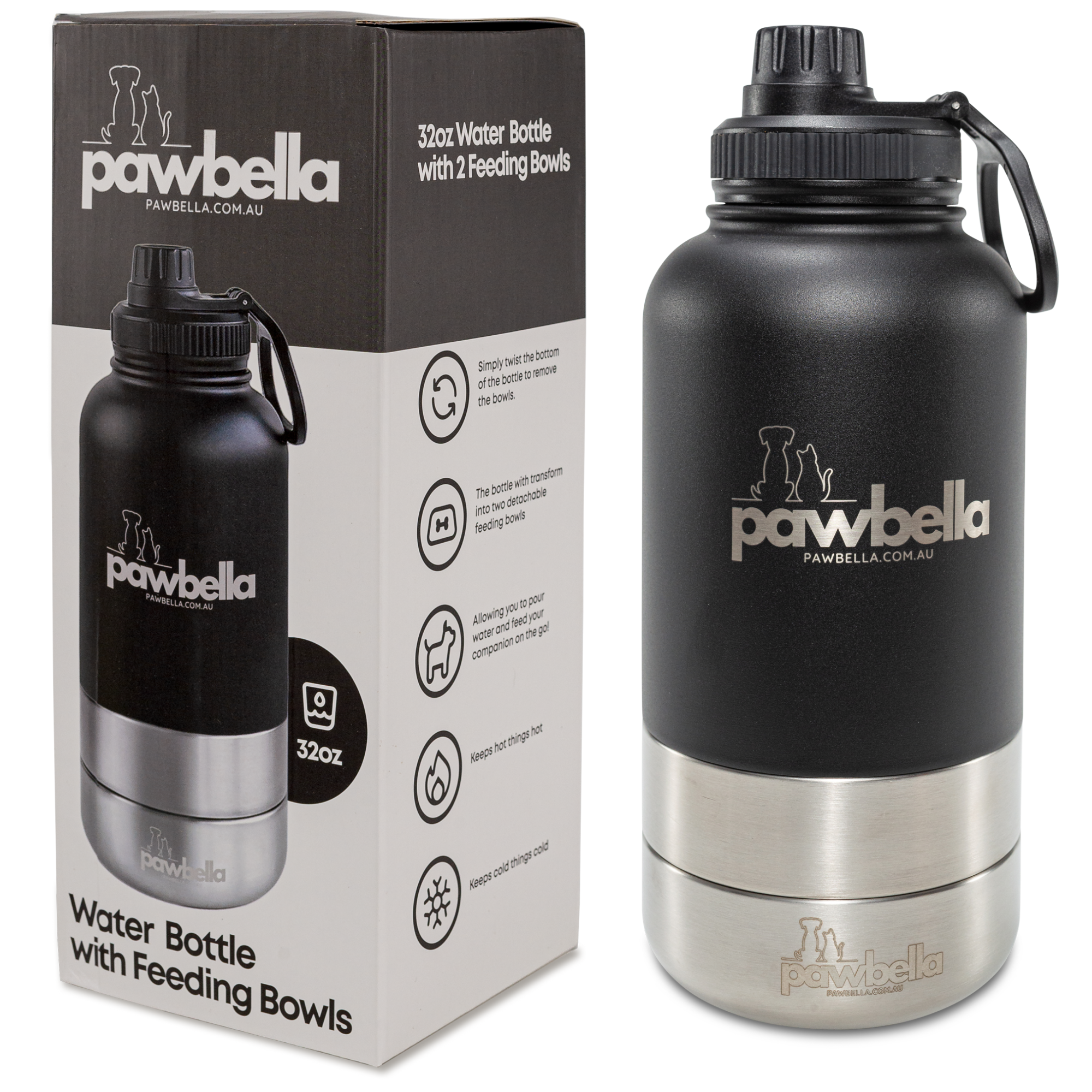 Black Pawbella travel pet water bottle with detachable feeding bowls shown next to its branded packaging, featuring product details and benefits for pet hydration and feeding.