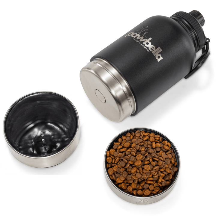 Black Pawbella travel pet water bottle featuring detachable stainless steel food and water bowls, shown with pet kibble and water for convenient feeding during travel.