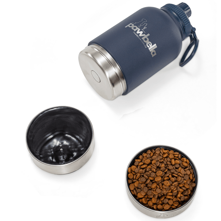 Blue Pawbella travel pet water bottle with detachable stainless steel food and water bowls, shown with pet kibble and water for portable pet feeding.