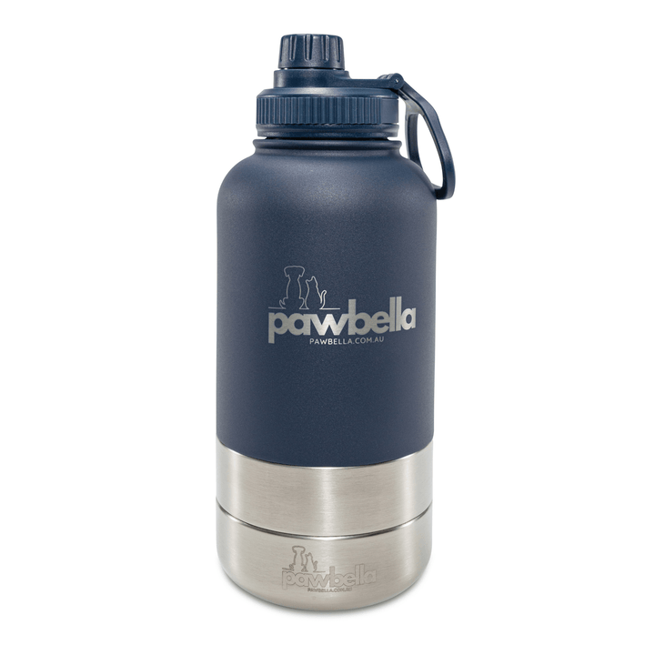 Blue Pawbella travel pet water bottle with a durable screw-on lid and stainless steel base, designed for convenient pet hydration on the go.