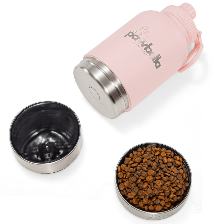 Pink Pawbella travel pet water bottle with detachable stainless steel food and water bowls, filled with pet kibble and water for convenient feeding on the go.