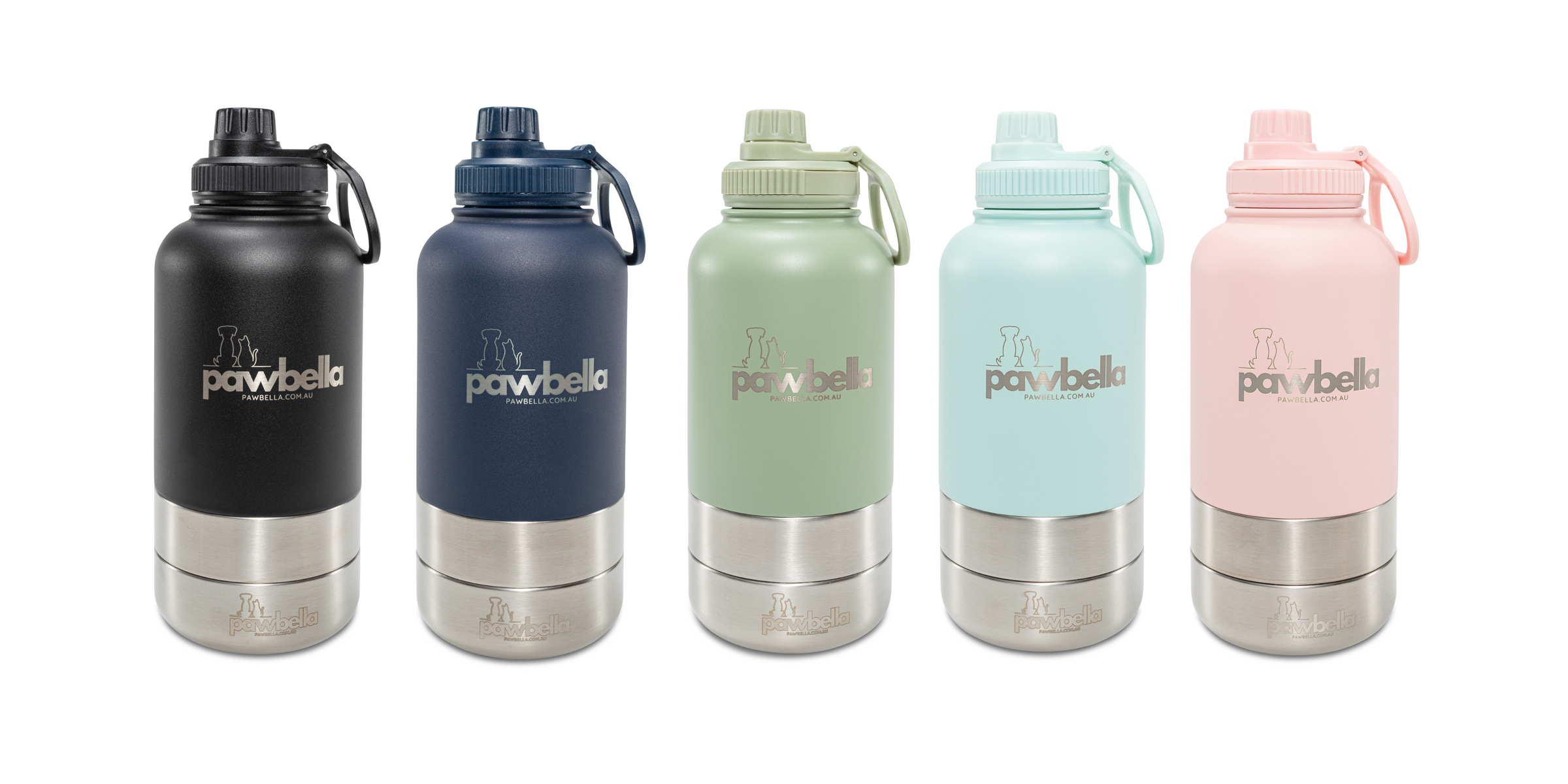 Collection of Pawbella travel pet water bottles in black, navy, green, mint, and pink colors with stainless steel bases, designed for convenient hydration on the go.