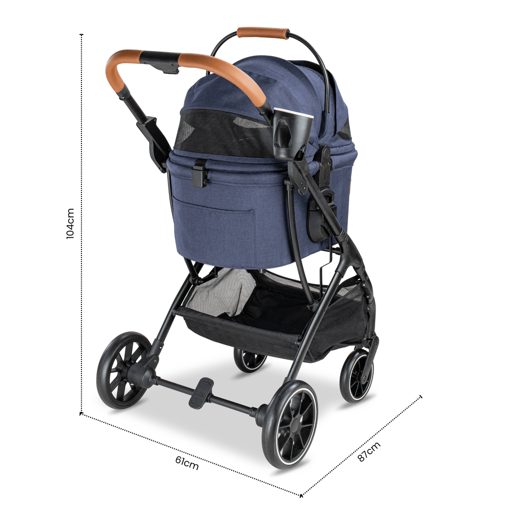 Pawbella ultimate pet stroller in navy blue with leather-look handles, showing dimensions 104cm height, 87cm length, and 61cm width – spacious dog and cat pram for Australian pet owners.