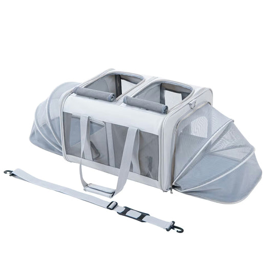 The Pawbella Pet Carrier Trolly is a gray and white portable carrier with mesh sides, two top openings, carry handles, an adjustable shoulder strap, and expandable mesh compartments—ideal for travel in Australia.