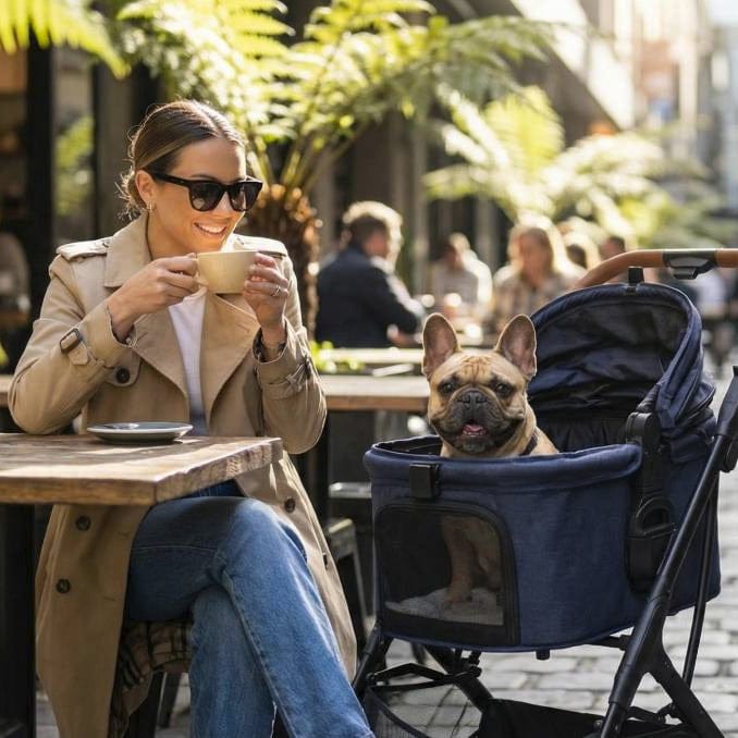 A woman in a trench coat enjoys coffee at an outdoor café while her French Bulldog relaxes beside her in the Pawbella Ultimate Pet Stroller with Detachable Carrier (up to 22kg), surrounded by greenery and people.