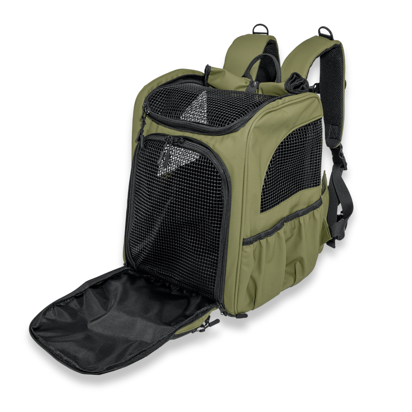 Olive green pet backpack with front compartment open revealing large interior space