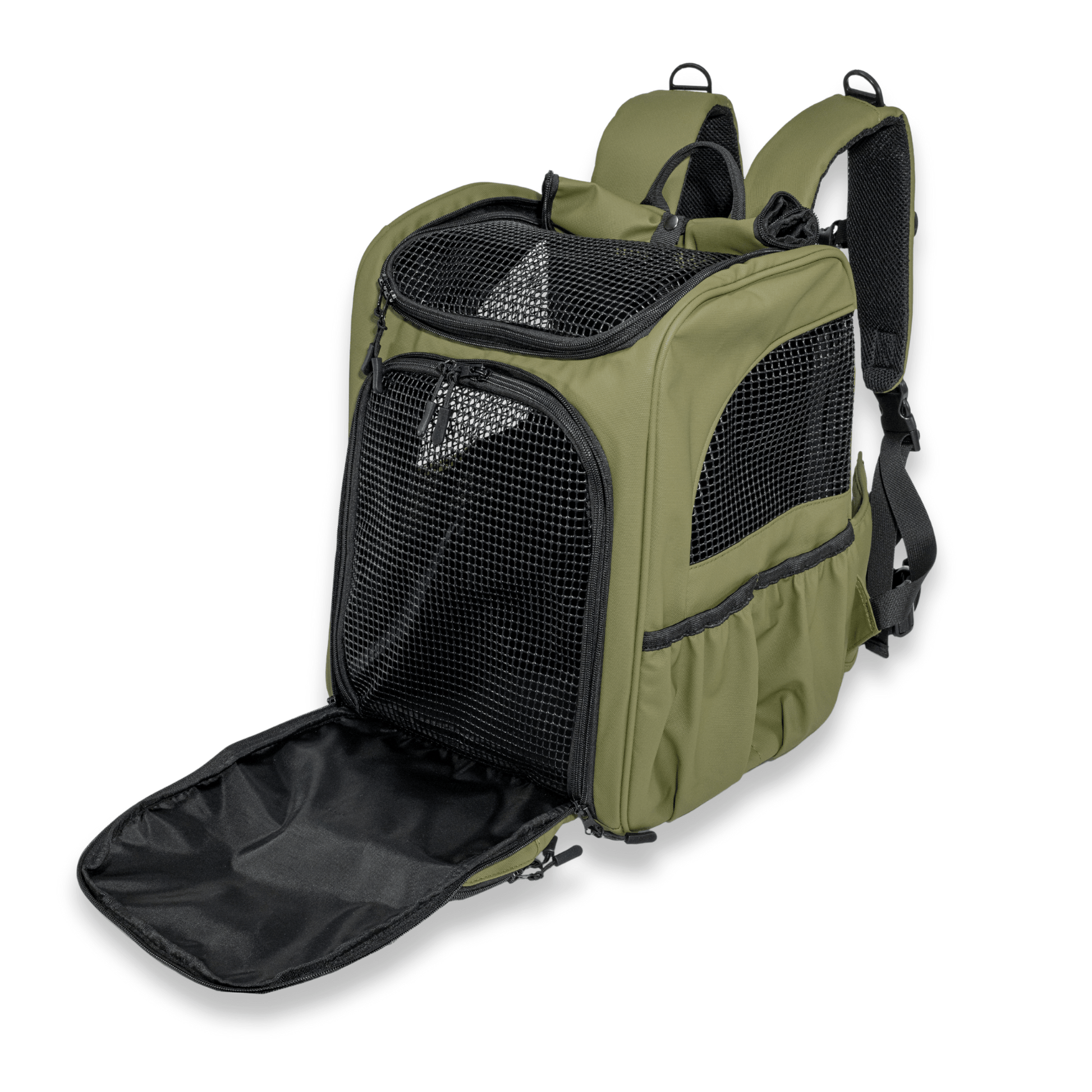 Olive green pet backpack with front compartment open revealing large interior space