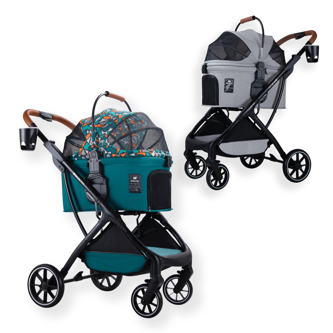 Teal and grey pet strollers featuring stylish design elements, equipped with cup holders, adjustable handles, and mesh canopy for comfort and visibility.