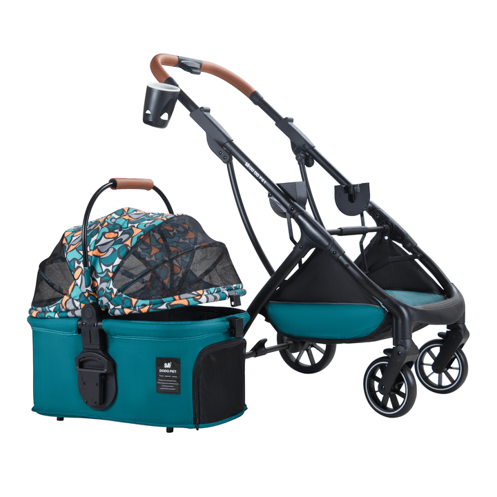 Teal convertible pet stroller showcasing multiple configurations with a vibrant patterned canopy, cup holder, and adjustable leather-wrapped handle.