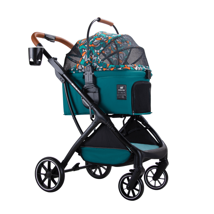 Teal pet stroller with a vibrant patterned canopy and equipped with a cup holder and adjustable handle, showcasing a modern and functional design.