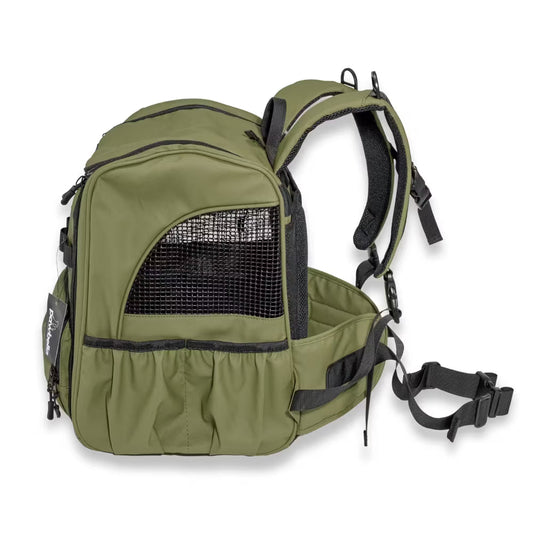 The Pawbella Outback Explorer is an olive green, heavy-duty pet backpack (12kg max) with mesh ventilation, zippered compartments, padded straps, and adjustable waist belt—ideal for carrying small animals on Aussie adventures.